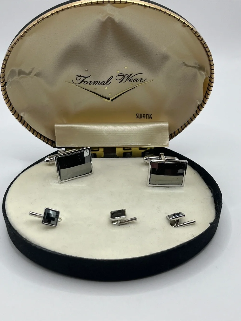 SWANK Black and Silver Rectangular Cufflinks with Matching Studs